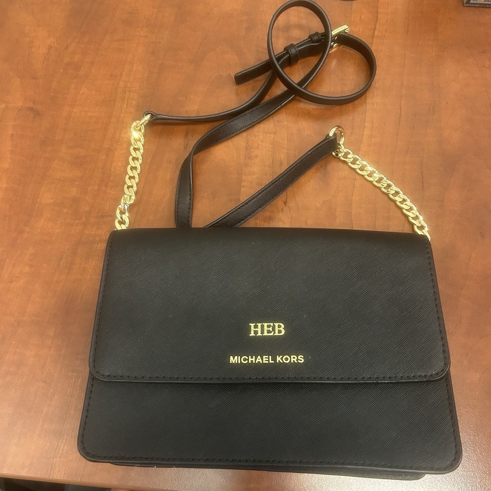 Michael Kors Daniela Crossbody Handbag Black Flap Saffiano Leather Chain INITIAL